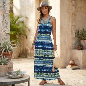 Davina Maxi Dress Women’s Size L Elastic Waist Colorful Tie Dye Multi Strap NWOT